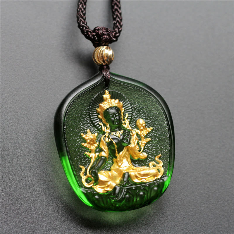 ATELIER-TIBET Pendentif Tara Verte en Cristal Liuli – Amulette de Protection Spirituelle (46 mm)