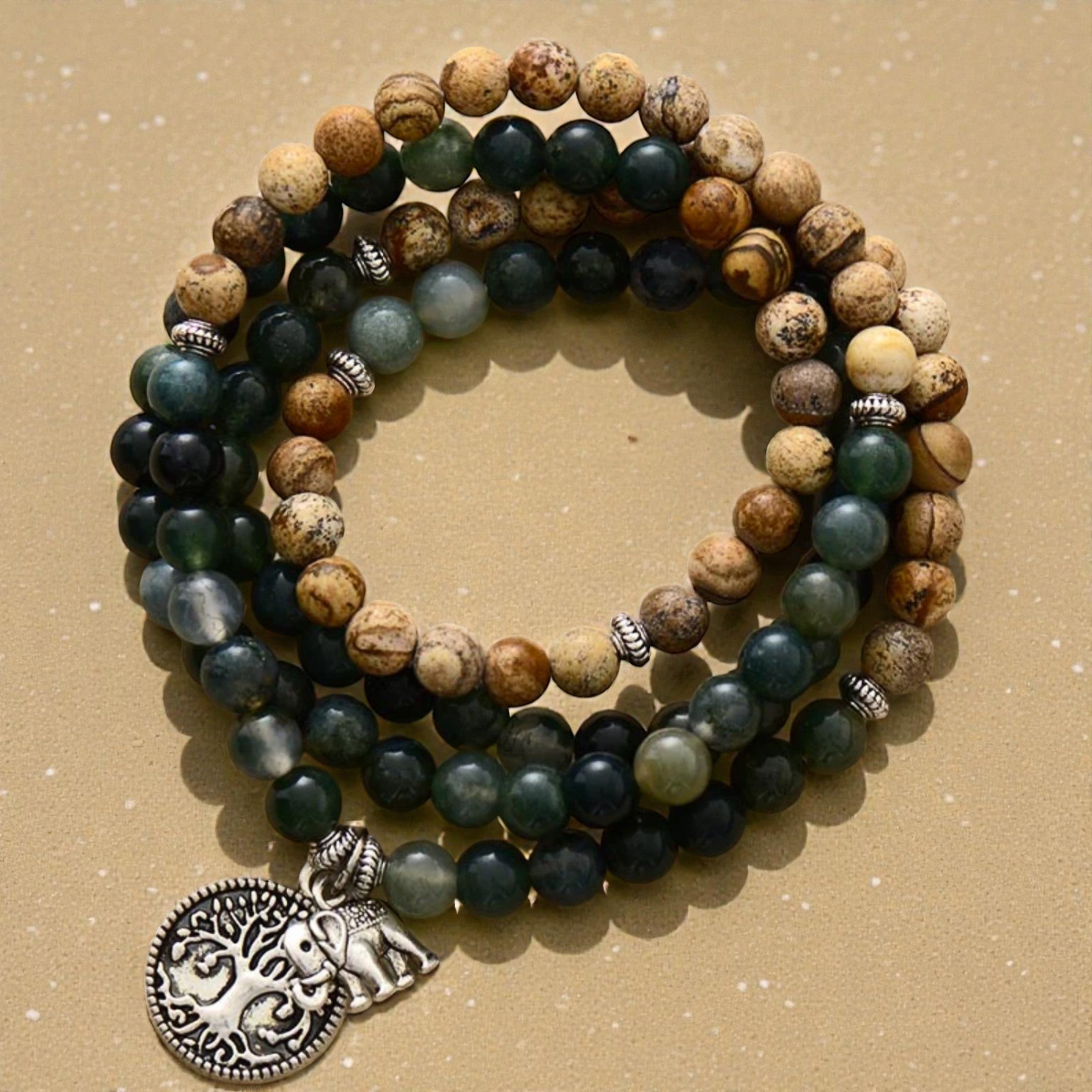 ATELIER-TIBET – Bracelet Mala Gaia en Agate Mousse & Jaspe Paysage