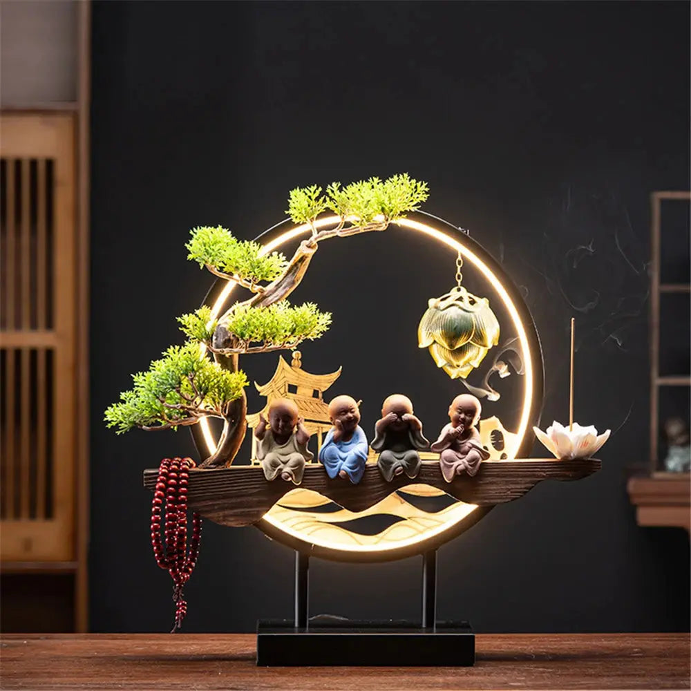 ATELIER-TIBET – Candeur Sacrée · Fontaine d’Encens LED Moines & Branche Fleurie