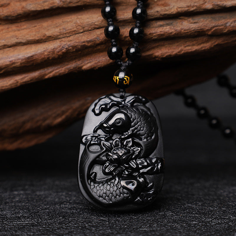 ATELIER-TIBET – Collier Lotus & Carpe Koï en Obsidienne Noire Naturelle