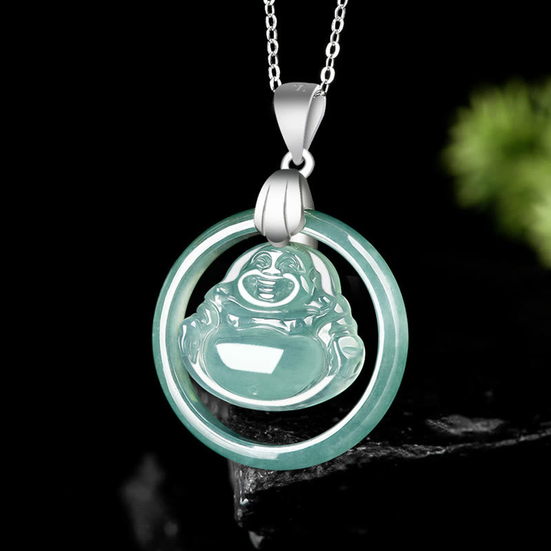 ATELIER-TIBET Collier Bouddha Rieur en Jade Naturel et Argent 925