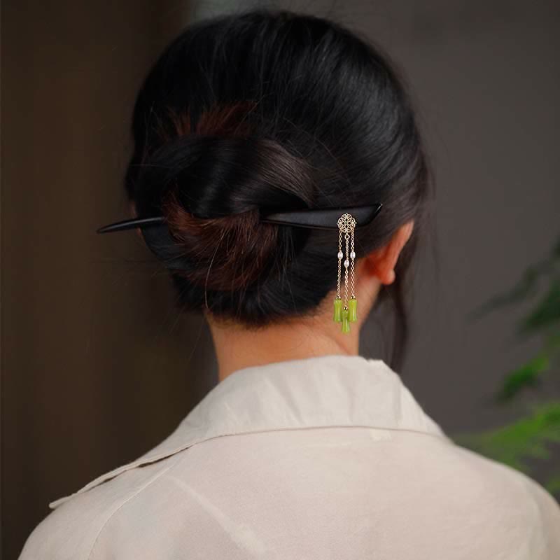 ATELIER-TIBET Pic à Cheveux Péridot & Ébène Pampilles 18cm