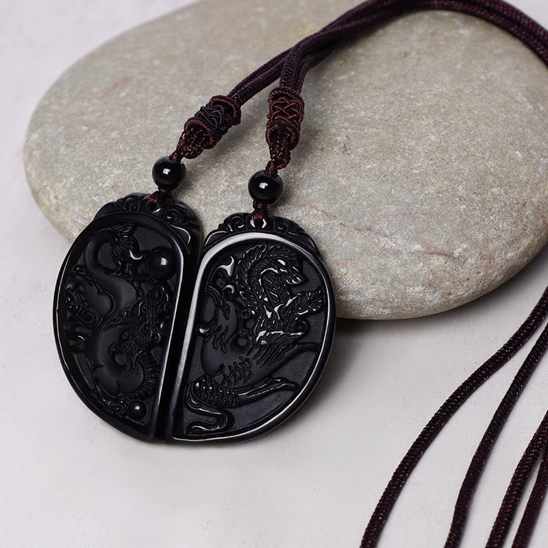 ATELIER-TIBET – Collier Dragon & Phénix en Obsidienne Noire Naturelle