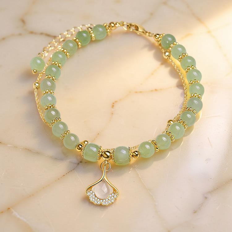 ATELIER-TIBET – Bracelet Jade – Feuille Ginkgo, Argent Plaqué Or