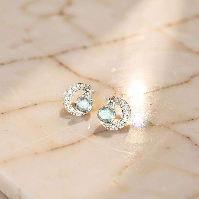 ATELIER-TIBET – Boucles d'oreilles Aigue marine – Étoile Lunaire, Argent