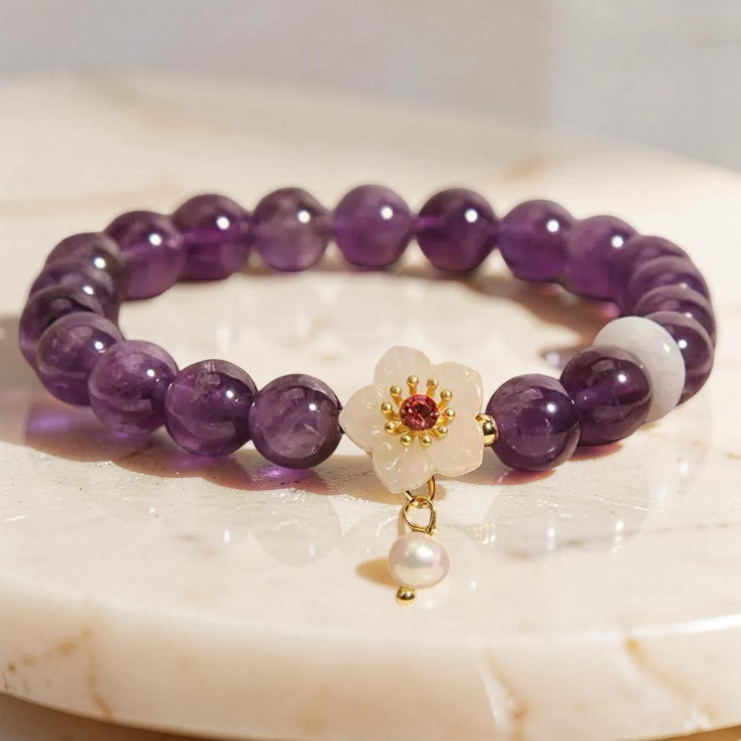 ATELIER-TIBET – Bracelet Améthyste, Jade et Perle – Fleur de Sérénité