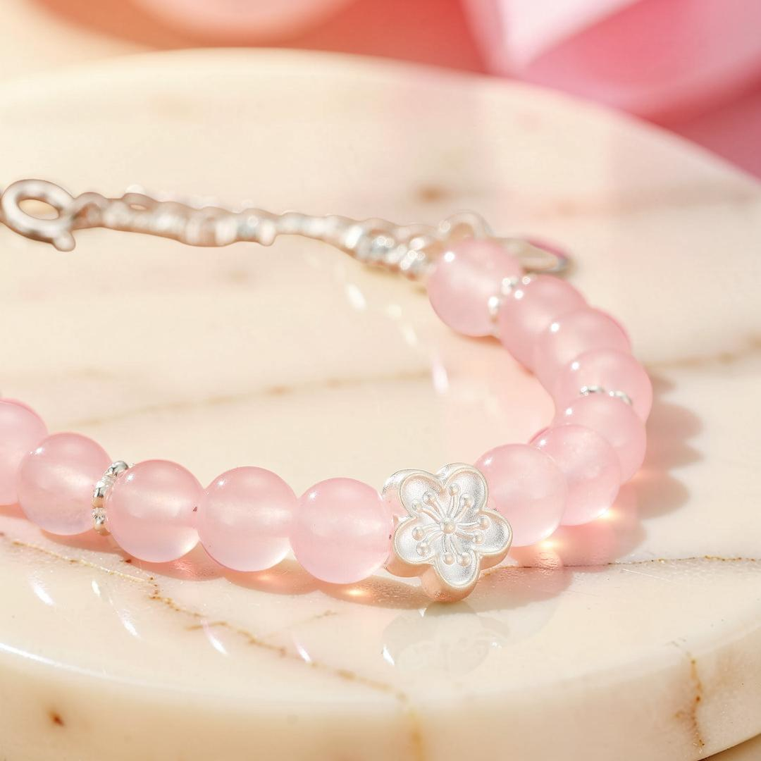 ATELIER-TIBET – Bracelet Quartz Rose – Fleur de Sakura, Argent