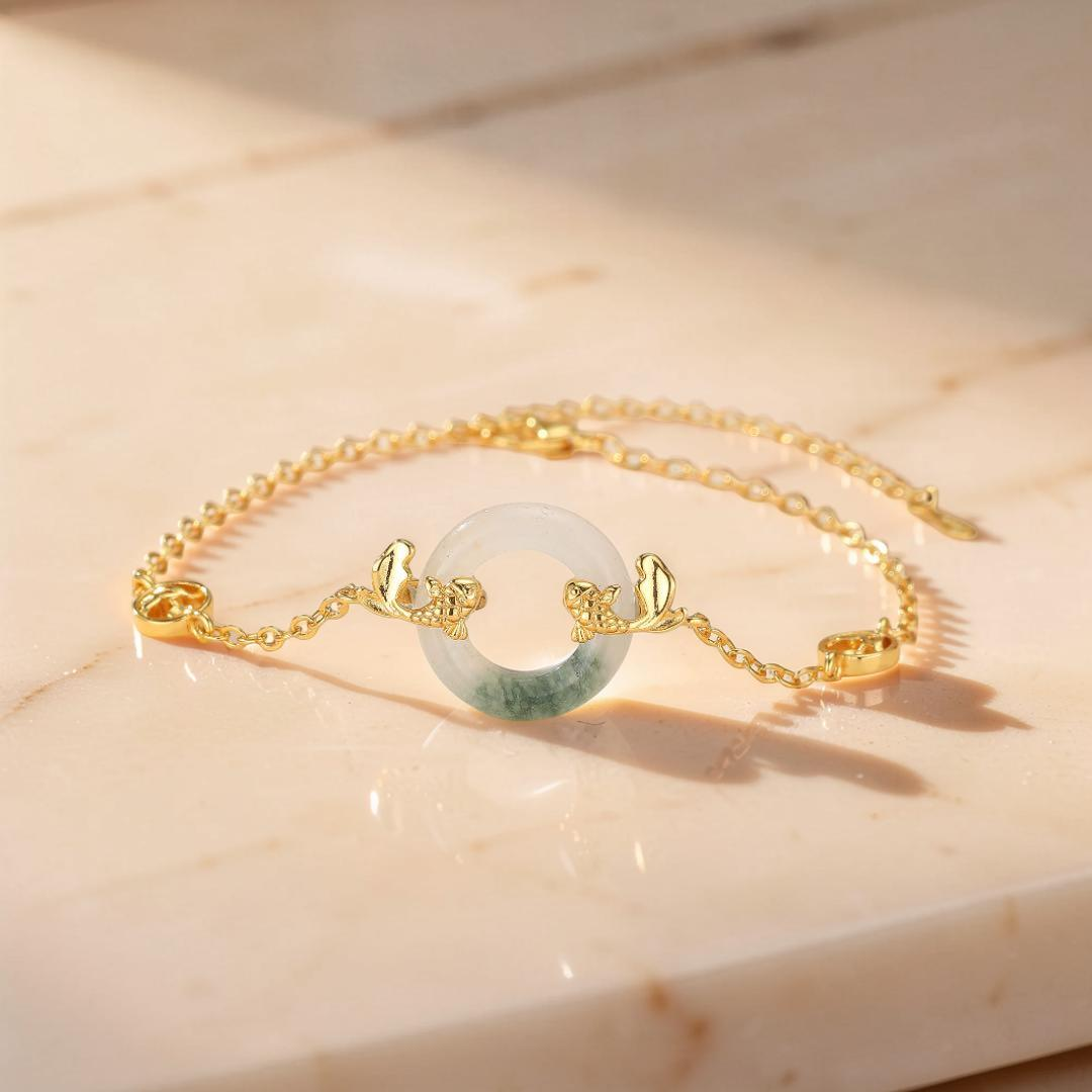 ATELIER-TIBET – Bracelet Jade et Carpe Koï – Charme d'Abondance, Plaqué Or