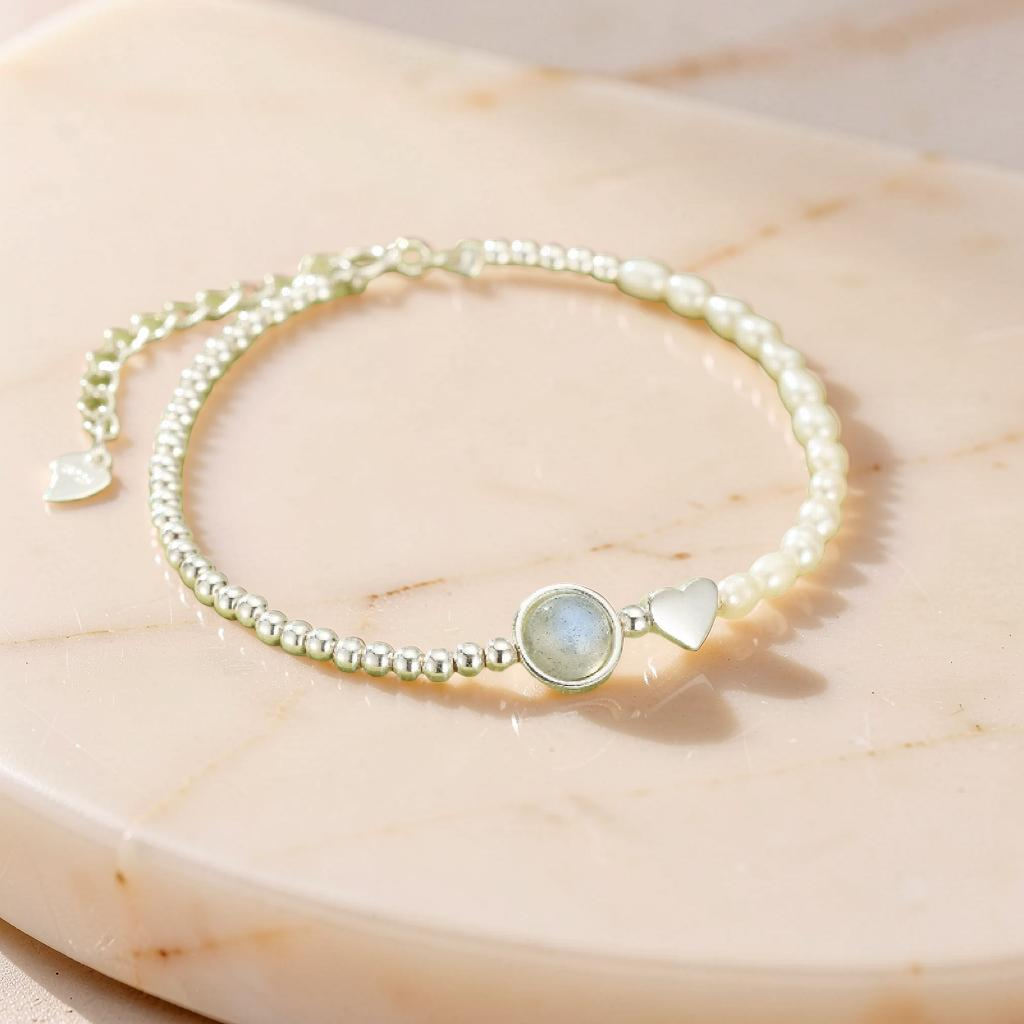 ATELIER-TIBET – Bracelet Pierre de Lune et Perles – Lumière Nacrée, Argent 925