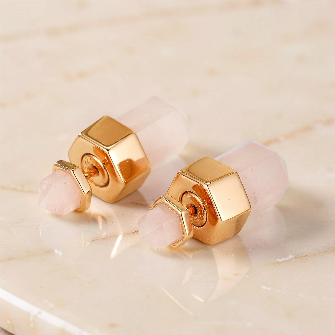 ATELIER-TIBET – Boucles d’oreilles Quartz Rose – Point de Lumière, Argent Plaqué Or 10K