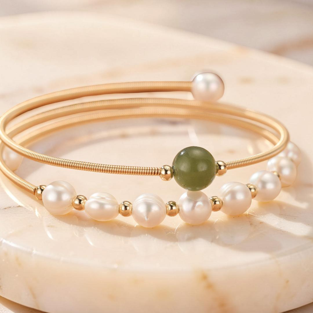ATELIER-TIBET – Bracelet Jade Néphrite et Perle – Élégance Pure