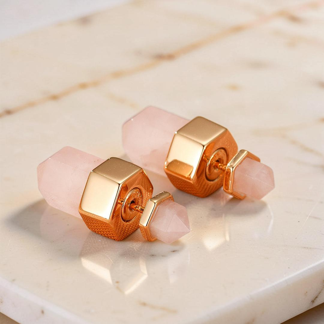 ATELIER-TIBET – Boucles d’oreilles Quartz Rose – Point de Lumière, Argent Plaqué Or 10K