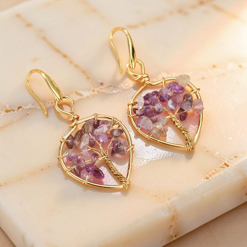 ATELIER-TIBET – Boucles d'oreilles Améthyste – Arbre Céleste, Cuivre