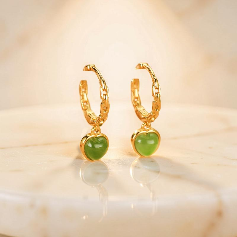 ATELIER-TIBET – Boucles d'Oreilles Jade – Cœur de Sérénité, Argent Plaqué Or