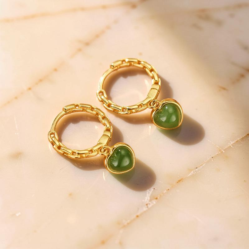 ATELIER-TIBET – Boucles d'Oreilles Jade – Cœur de Sérénité, Argent Plaqué Or