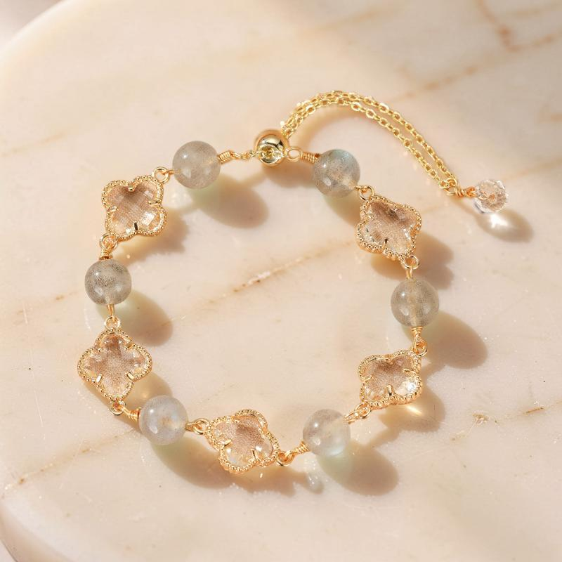 ATELIER-TIBET – Bracelet Labradorite et Cristal de Roche – Trèfle Porte-Bonheur