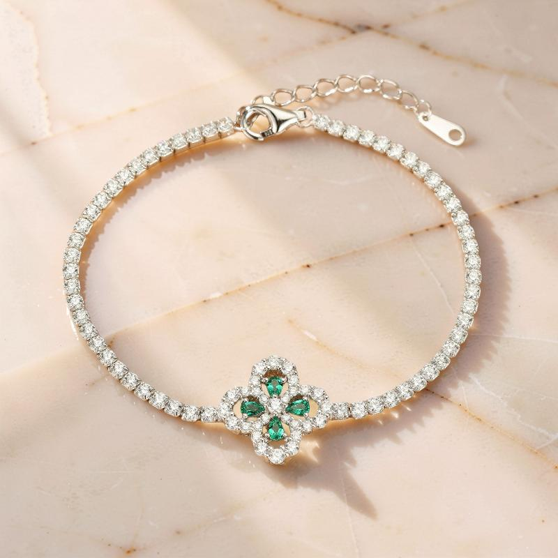 ATELIER-TIBET – Bracelet Émeraude Trèfle – Chance Étincelante, Argent