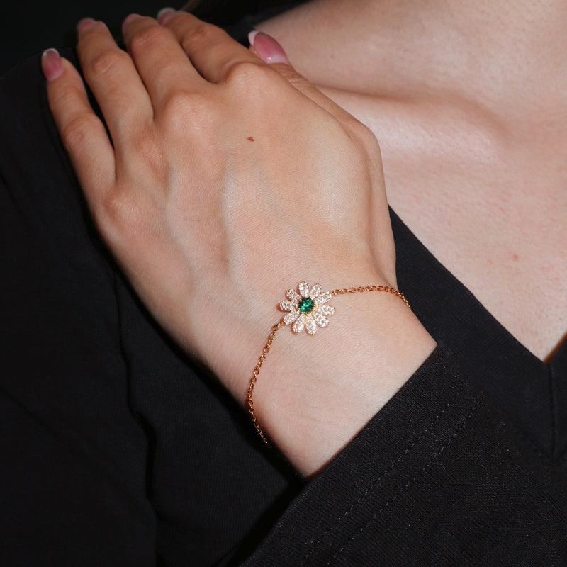ATELIER-TIBET – Bracelet Émeraude – Fleur Éclatante, Argent Plaqué Or 18K