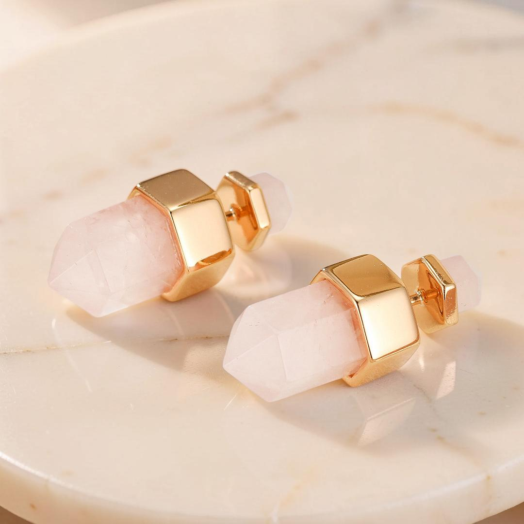 ATELIER-TIBET – Boucles d’oreilles Quartz Rose – Point de Lumière, Argent Plaqué Or 10K