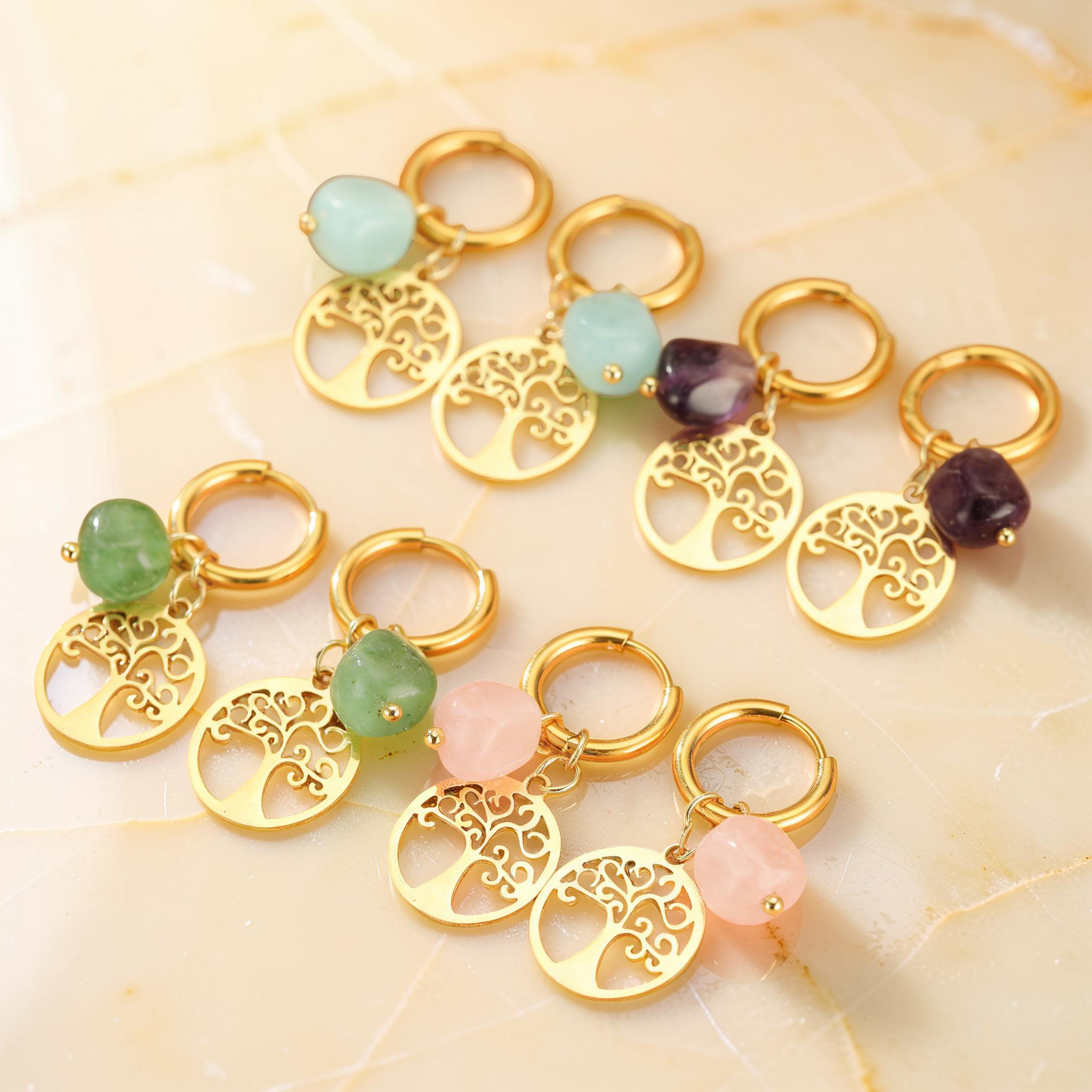 ATELIER-TIBET – Boucles d'Oreilles Pierres Naturelles et Arbre de Vie – Vie Sereine