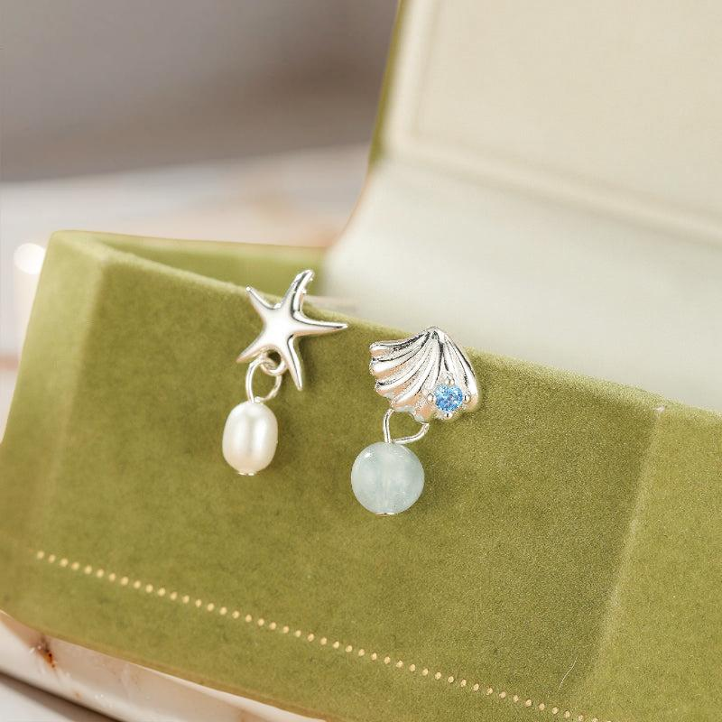 ATELIER-TIBET – Boucles d'oreilles Aigue marine et Perle – Étoile de l'Océan, Argent