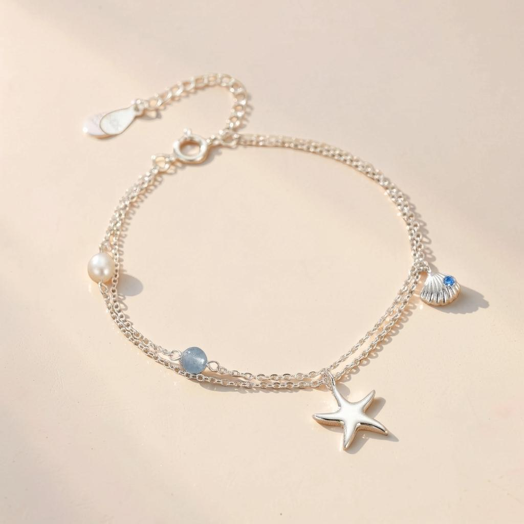ATELIER-TIBET – Bracelet Aigue-marine et Perle – Étoile des Mers, Argent S925