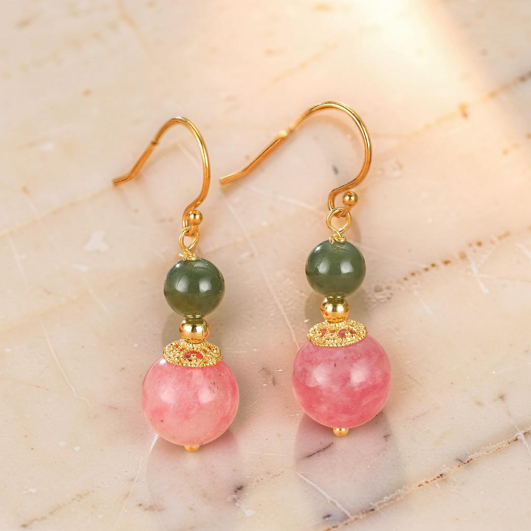 ATELIER-TIBET – Boucles d’Oreilles Rhodonite et Jade – Duo Bien-Être