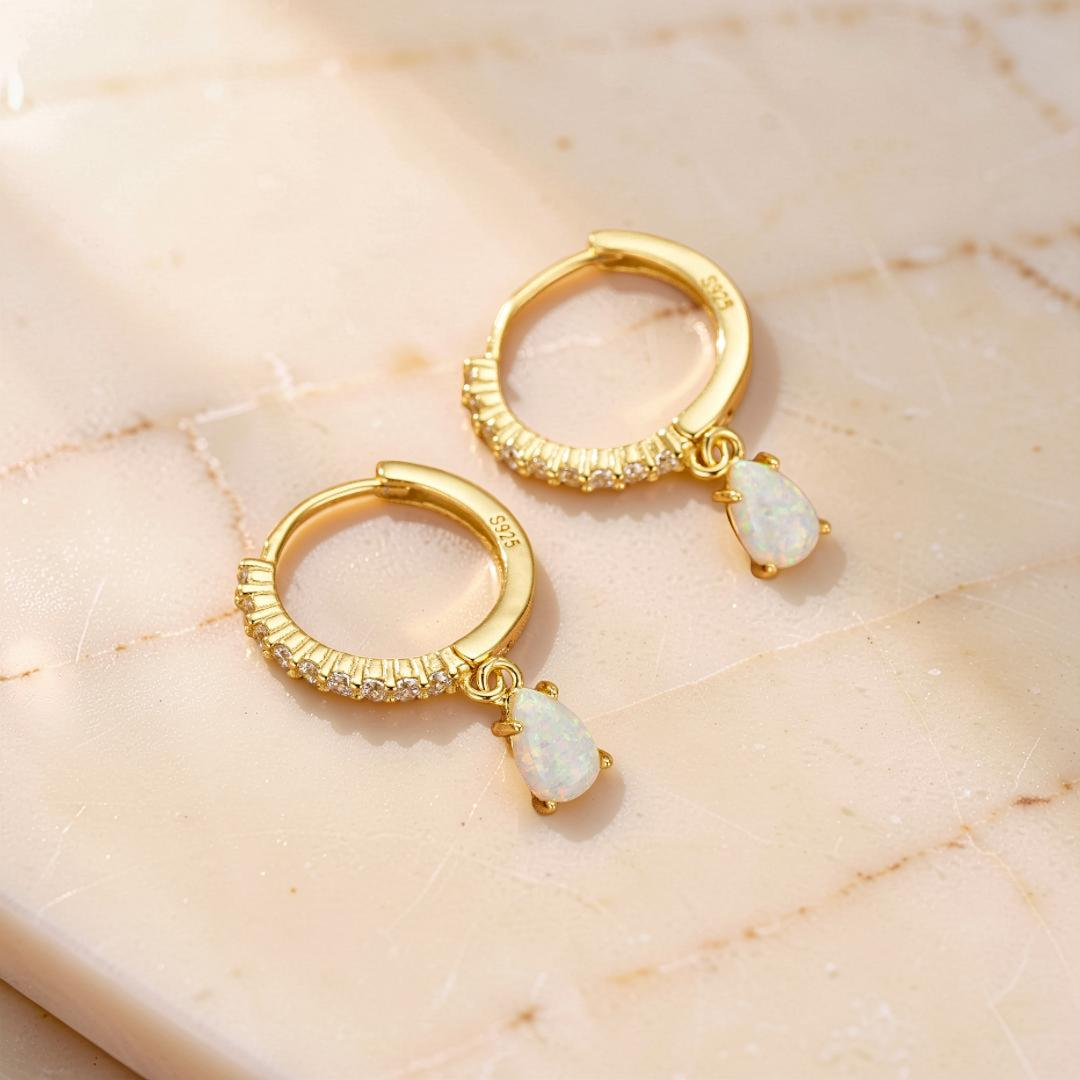 ATELIER-TIBET – Boucles d'oreilles Opale – Goutte Solaire, Argent Plaqué Or