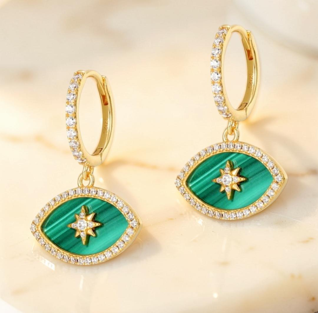 ATELIER-TIBET – Boucles d’oreilles Malachite – Regard Solaire, Argent Plaqué Or