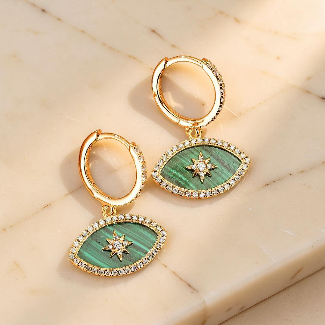 ATELIER-TIBET – Boucles d’oreilles Malachite – Regard Solaire, Argent Plaqué Or