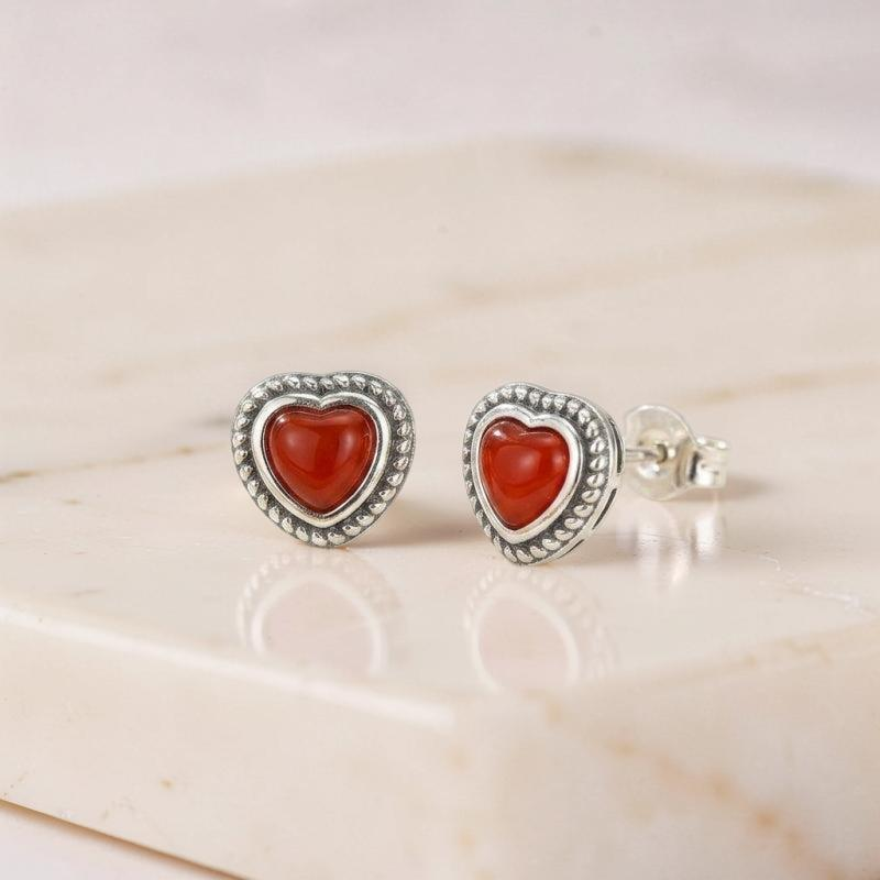 ATELIER-TIBET – Boucles d'Oreilles Agate Rouge – Cœur Passion, Argent