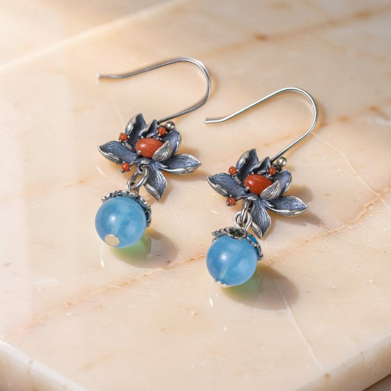 ATELIER-TIBET – Boucles d'Oreilles Aigue Marine – Lotus Sérénité, Argent
