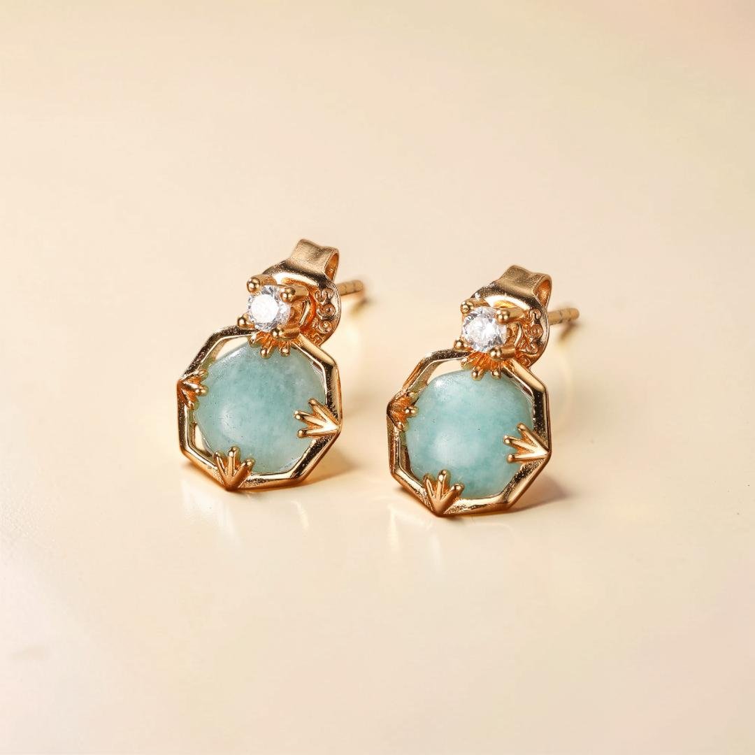 ATELIER-TIBET – Boucles d'Oreilles Amazonite et Cristal de Roche – Danse des Étoiles, Argent Plaqué Or