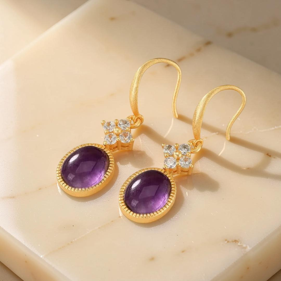 ATELIER-TIBET – Boucles d'Oreilles Améthyste – Rêve Byzantin, Argent Plaqué Or
