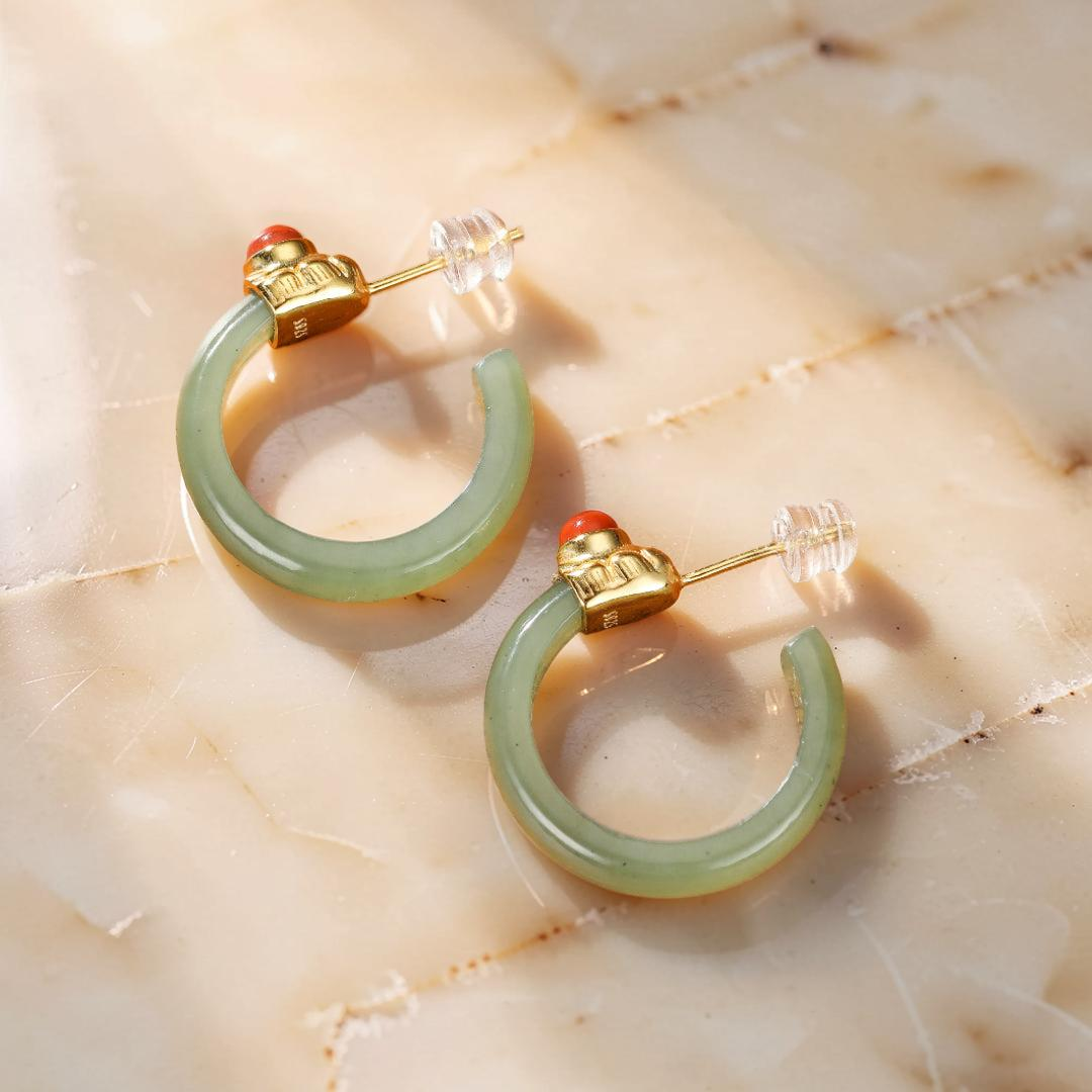 ATELIER-TIBET – Boucles d'Oreilles Créoles Jade et Agate – Charme Antique, Argent Plaqué Or