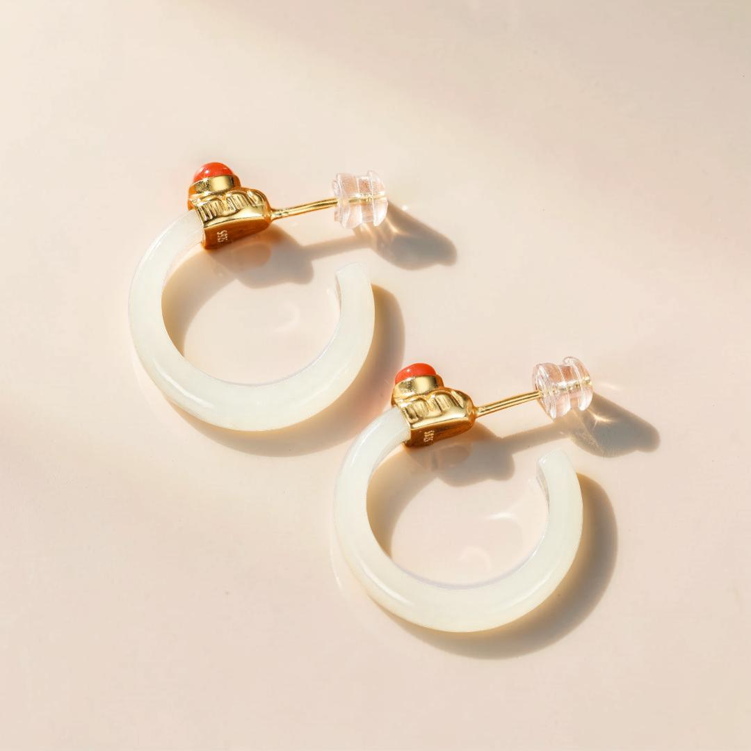 ATELIER-TIBET – Boucles d'Oreilles Créoles Jade et Agate – Charme Antique, Argent Plaqué Or