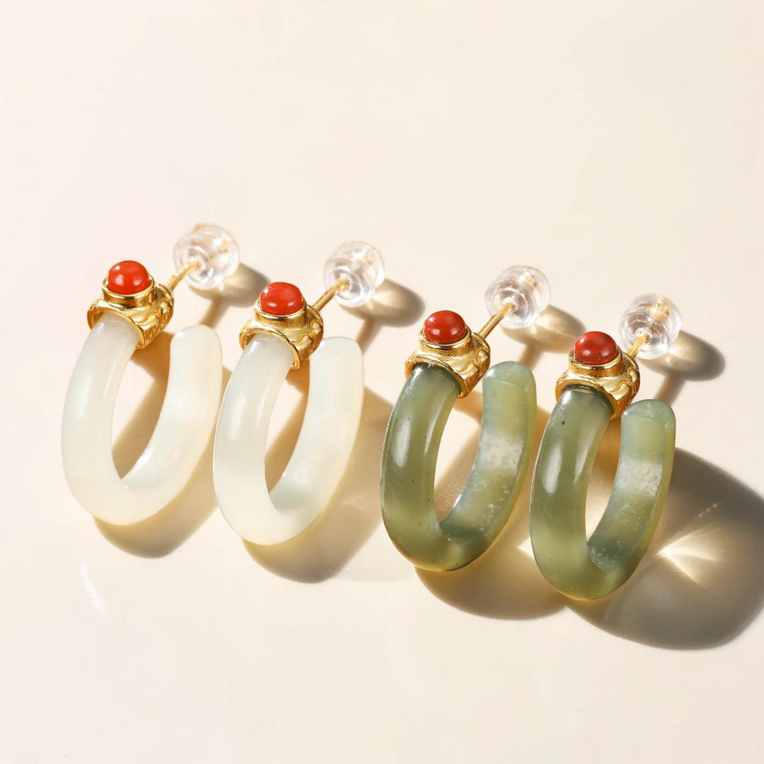 ATELIER-TIBET – Boucles d'Oreilles Créoles Jade et Agate – Charme Antique, Argent Plaqué Or