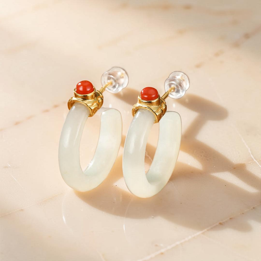 ATELIER-TIBET – Boucles d'Oreilles Créoles Jade et Agate – Charme Antique, Argent Plaqué Or