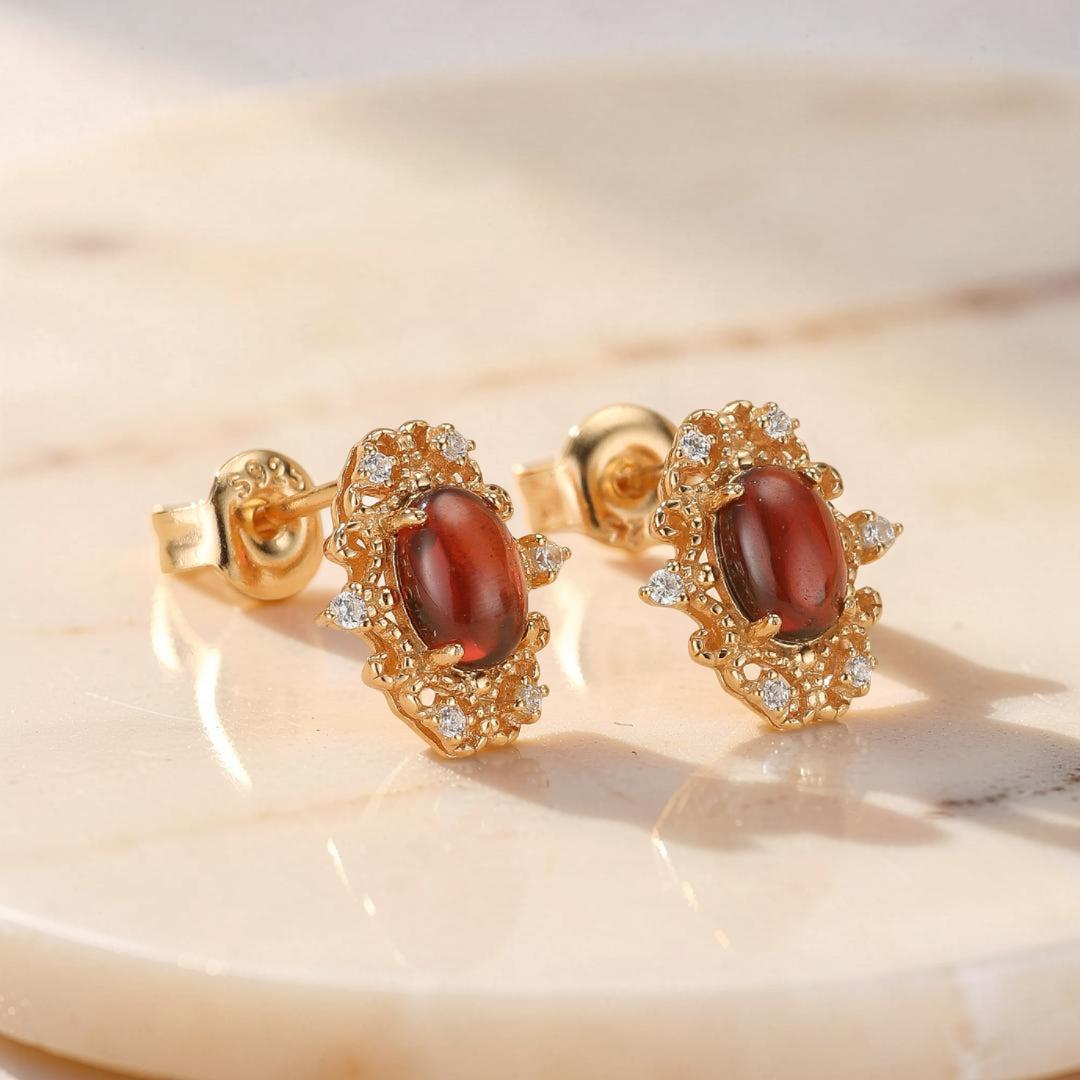 ATELIER-TIBET – Boucles d'Oreilles Grenat – Flamme Royale, Argent Plaqué Or 10K