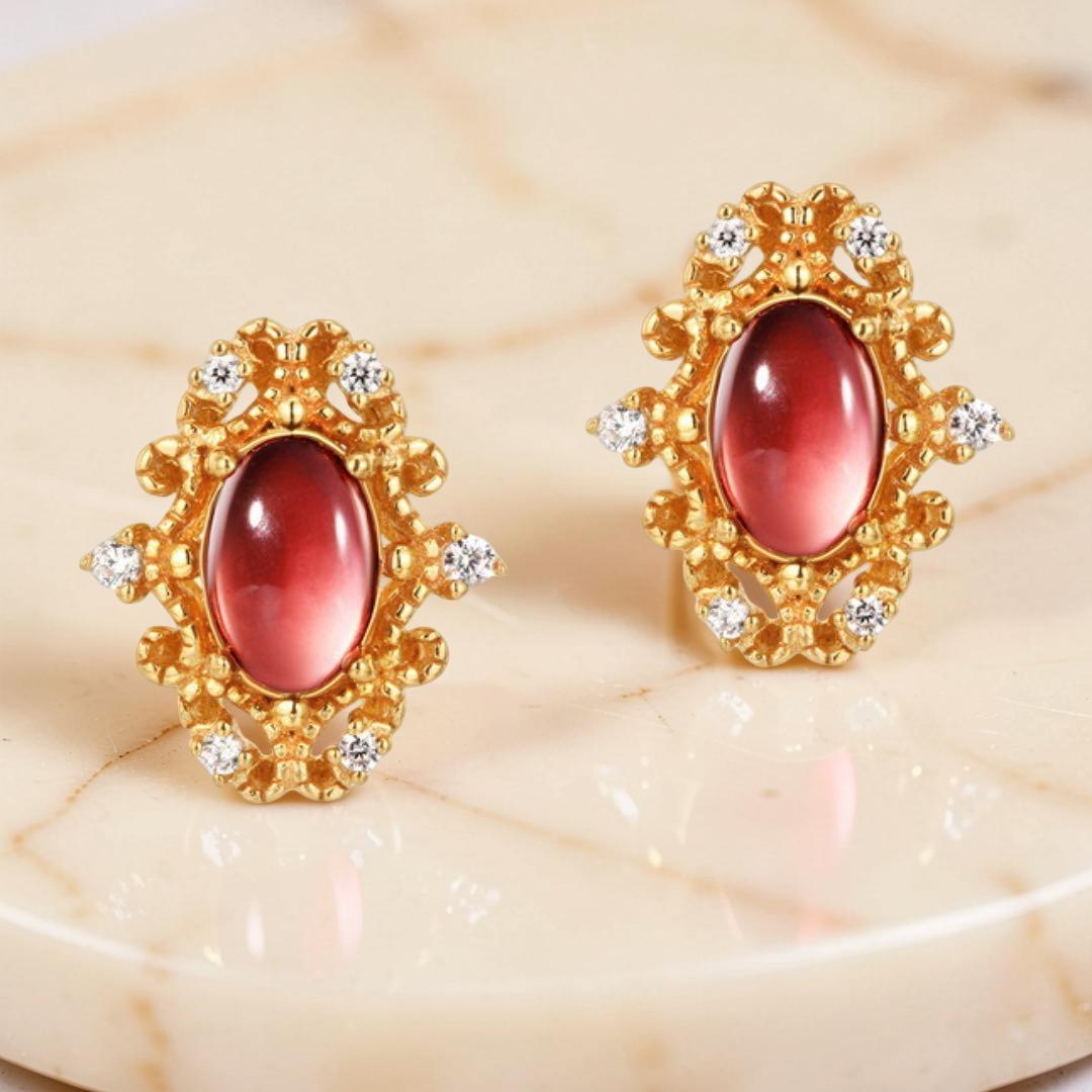 ATELIER-TIBET – Boucles d'Oreilles Grenat – Flamme Royale, Argent Plaqué Or 10K