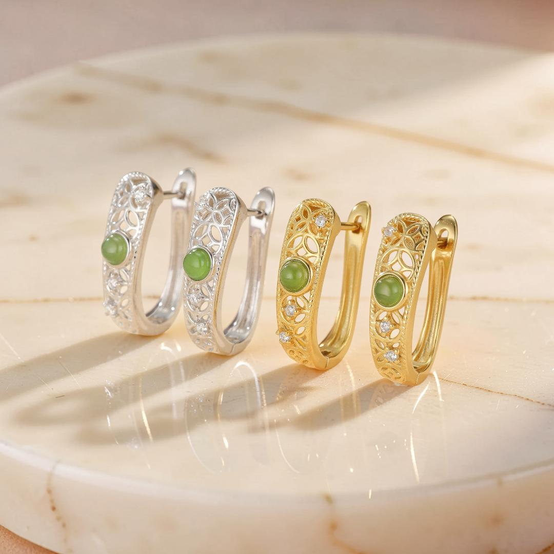ATELIER-TIBET – Boucles d'Oreilles Jade – Élégance Impériale, Argent Plaqué Or
