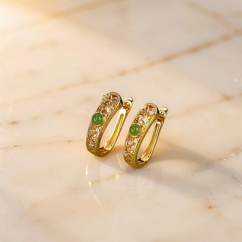 ATELIER-TIBET – Boucles d'Oreilles Jade – Élégance Impériale, Argent Plaqué Or