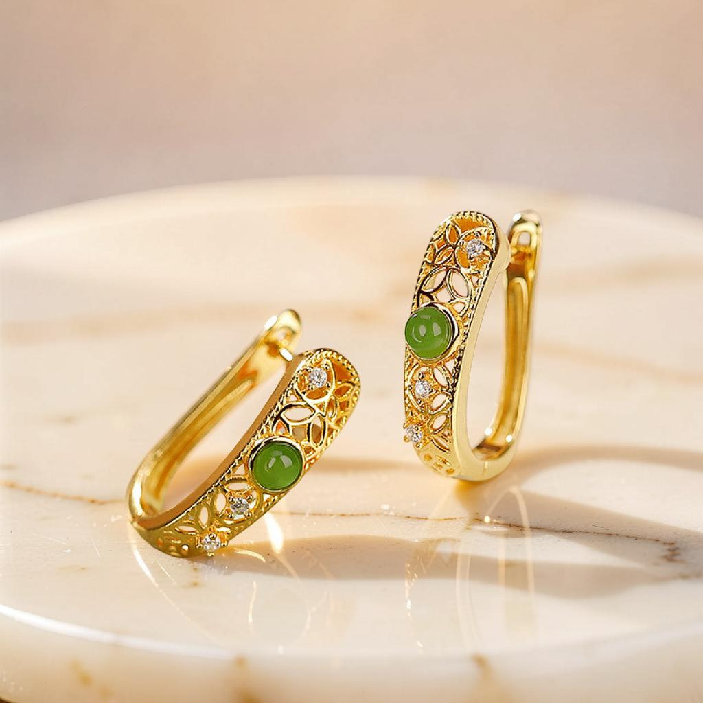 ATELIER-TIBET – Boucles d'Oreilles Jade – Élégance Impériale, Argent Plaqué Or