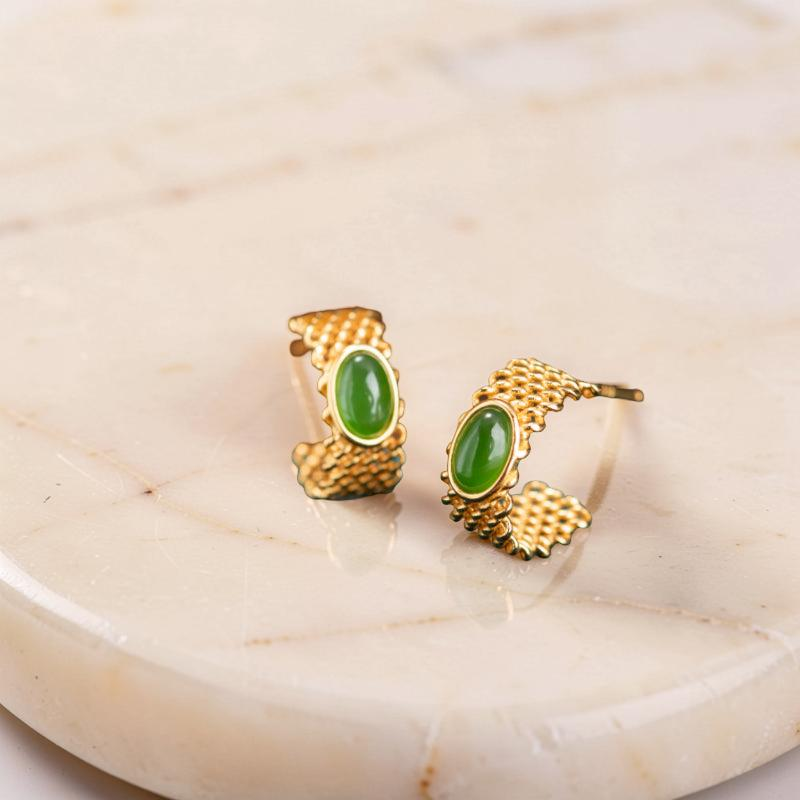 ATELIER-TIBET – Boucles d'Oreilles Jade – Élégance Raffinée, Argent Plaqué Or