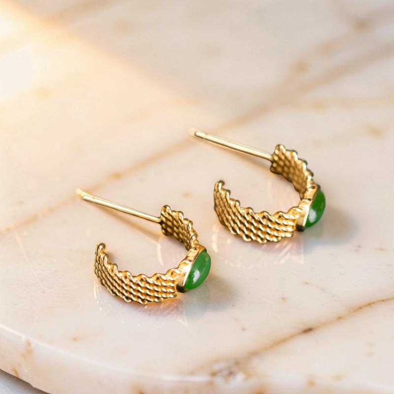 ATELIER-TIBET – Boucles d'Oreilles Jade – Élégance Raffinée, Argent Plaqué Or