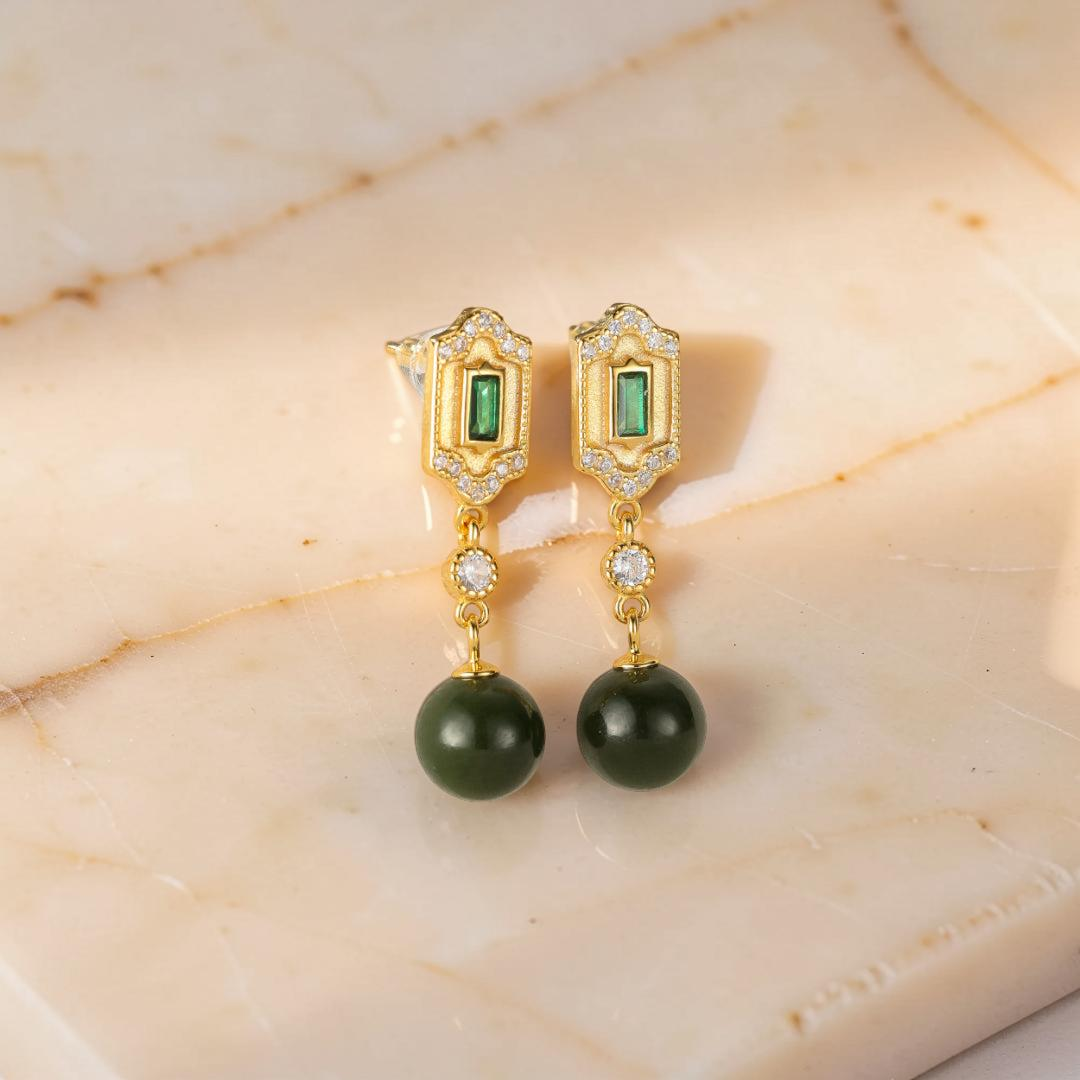 ATELIER-TIBET – Boucles d'Oreilles Jade et Émeraude – Réussite, Argent 925