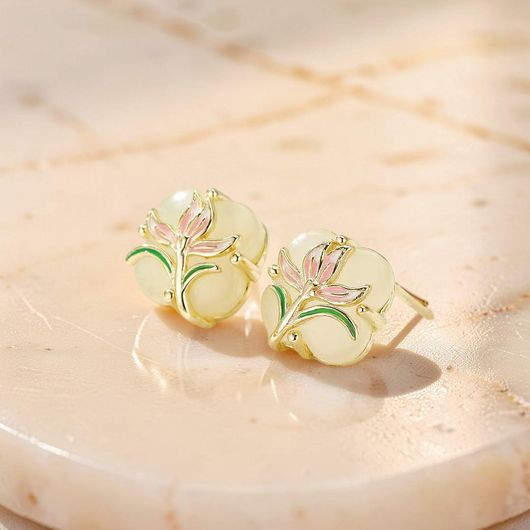 ATELIER-TIBET – Boucles d’oreilles Jade – Lumière Botanique, Argent Plaqué Or