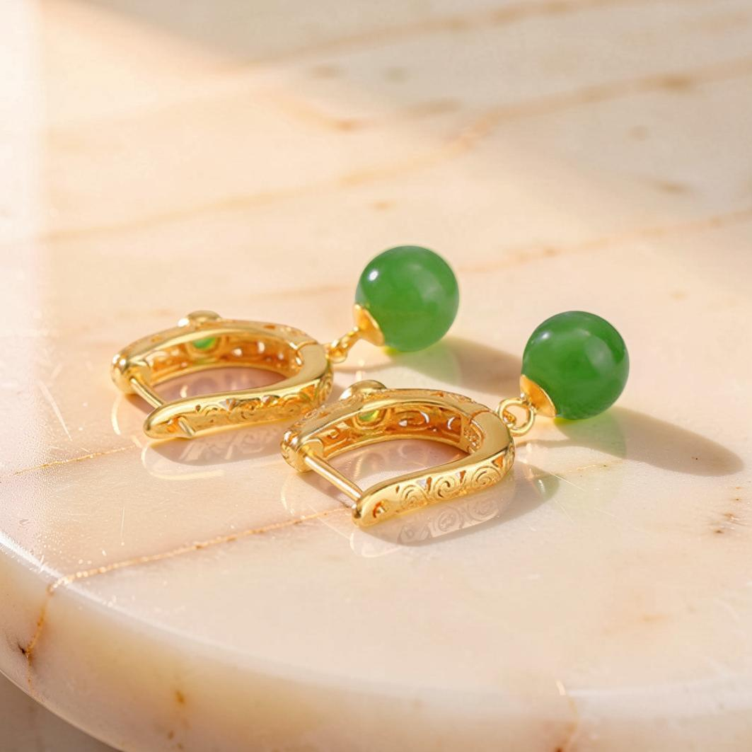 ATELIER-TIBET – Boucles d'Oreilles Jade – Jardin Impérial, Argent Plaqué Or