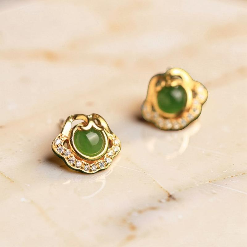 ATELIER-TIBET – Boucles d'Oreilles Jade – Nuage de Bonheur, Argent Plaqué Or