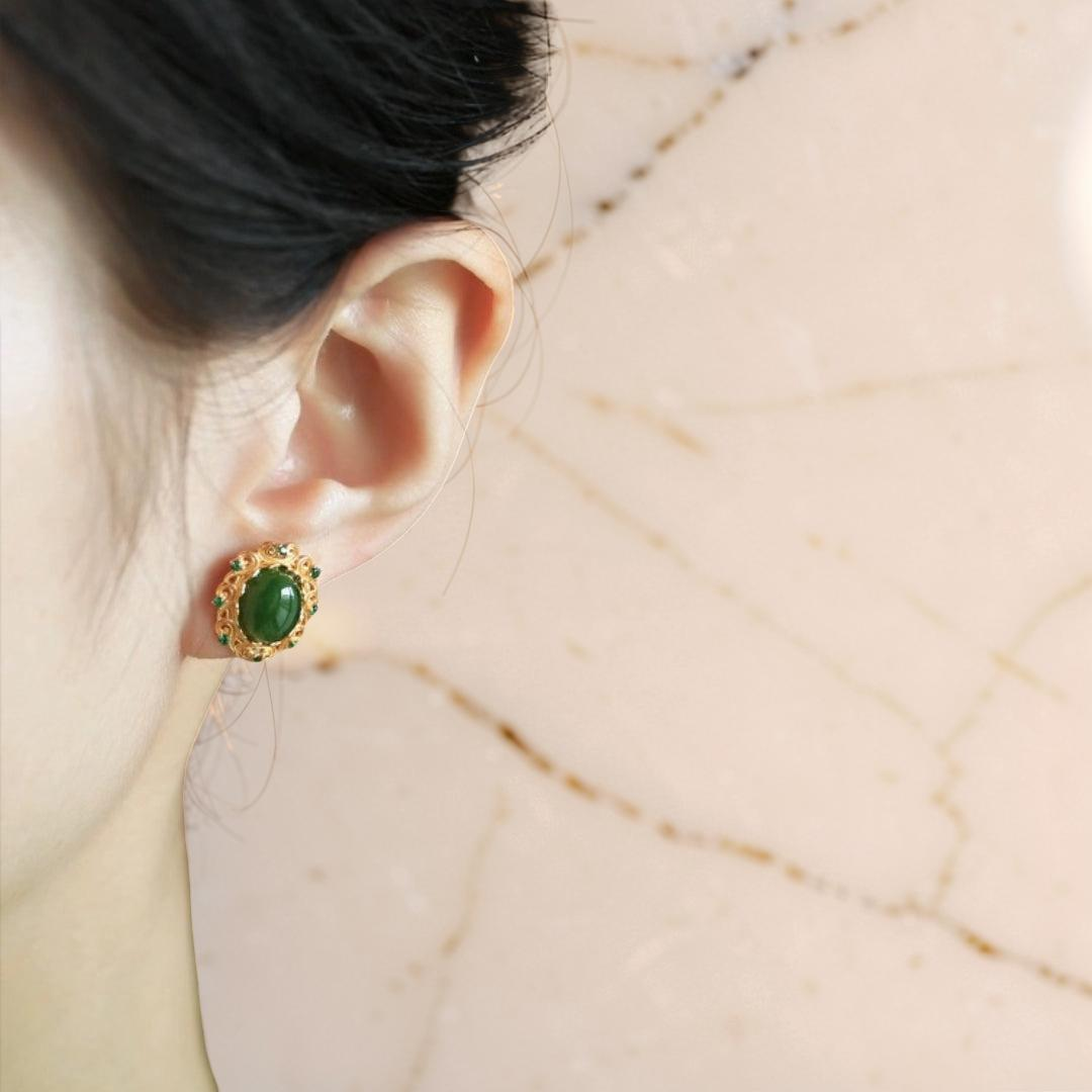 ATELIER-TIBET – Boucles d'Oreilles Jade – Nuage de Félicité, Argent Plaqué Or